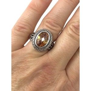 Sterling Silver 925 Amber Colored Cubic Zirconia Filigree Ring Sz 7   8 gms.